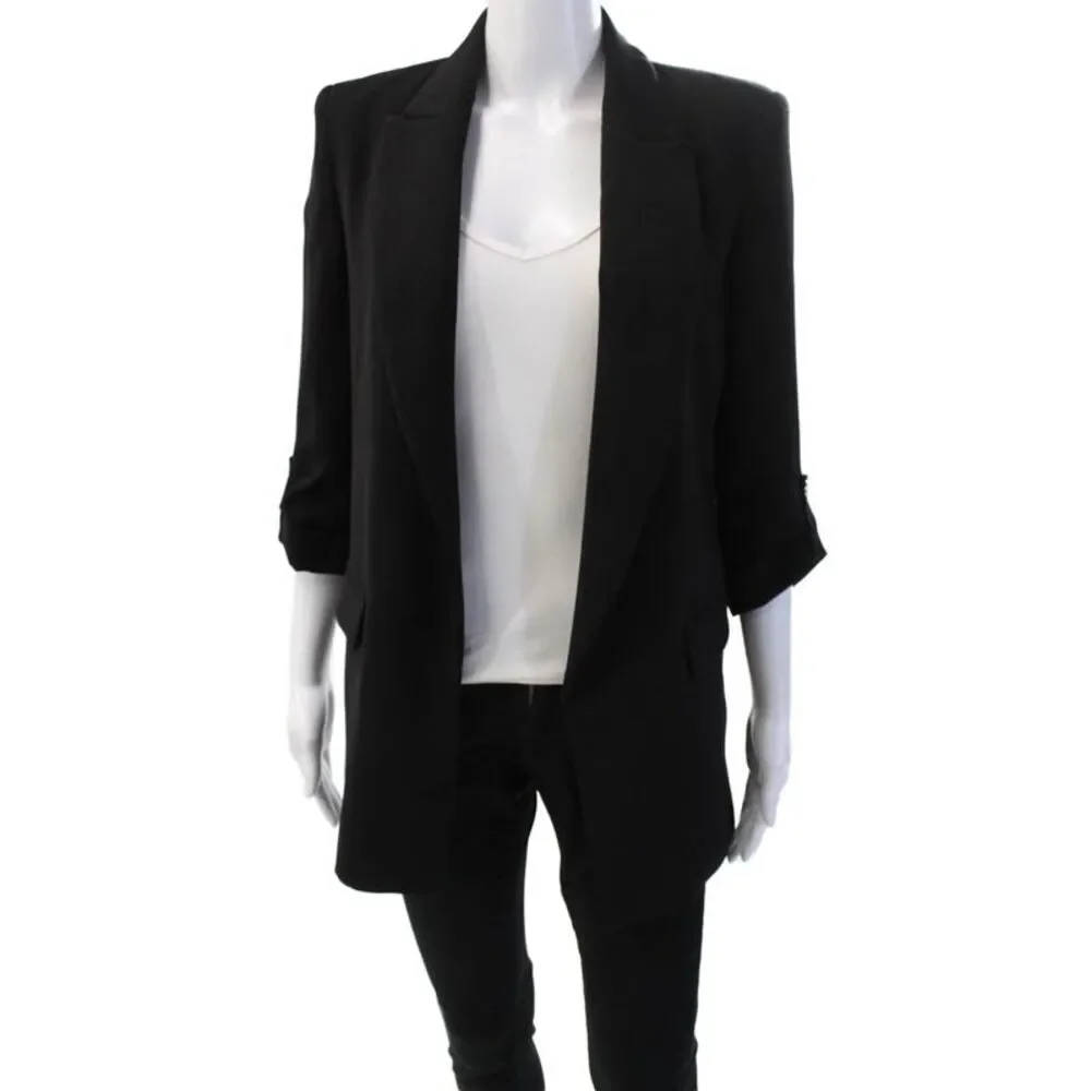 Zara Women Black Collared Button 3/4 Sleeve Polyester Blazer Solid Fall Size XS